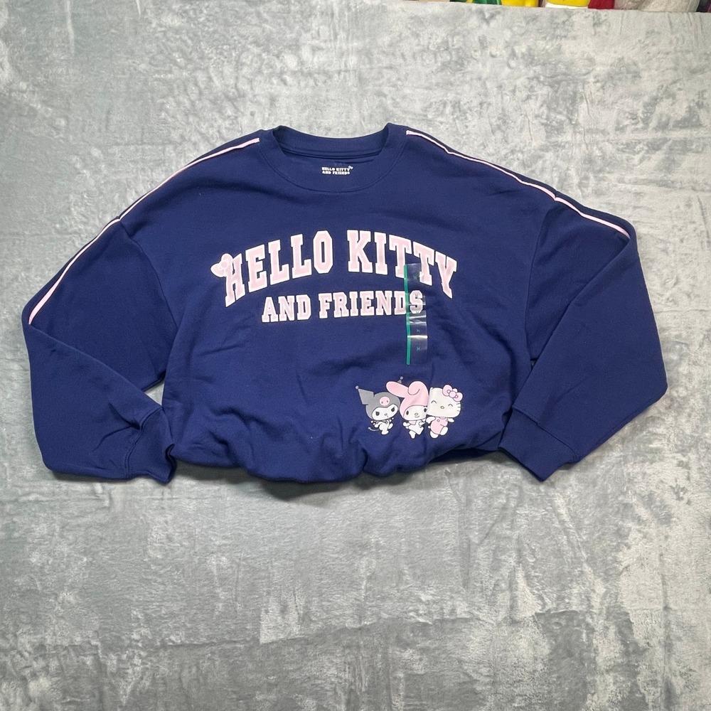 Sanrio Hello Kitty Pullover Women Blue Cropped Graphic Bubble Hem Sweatshirt M